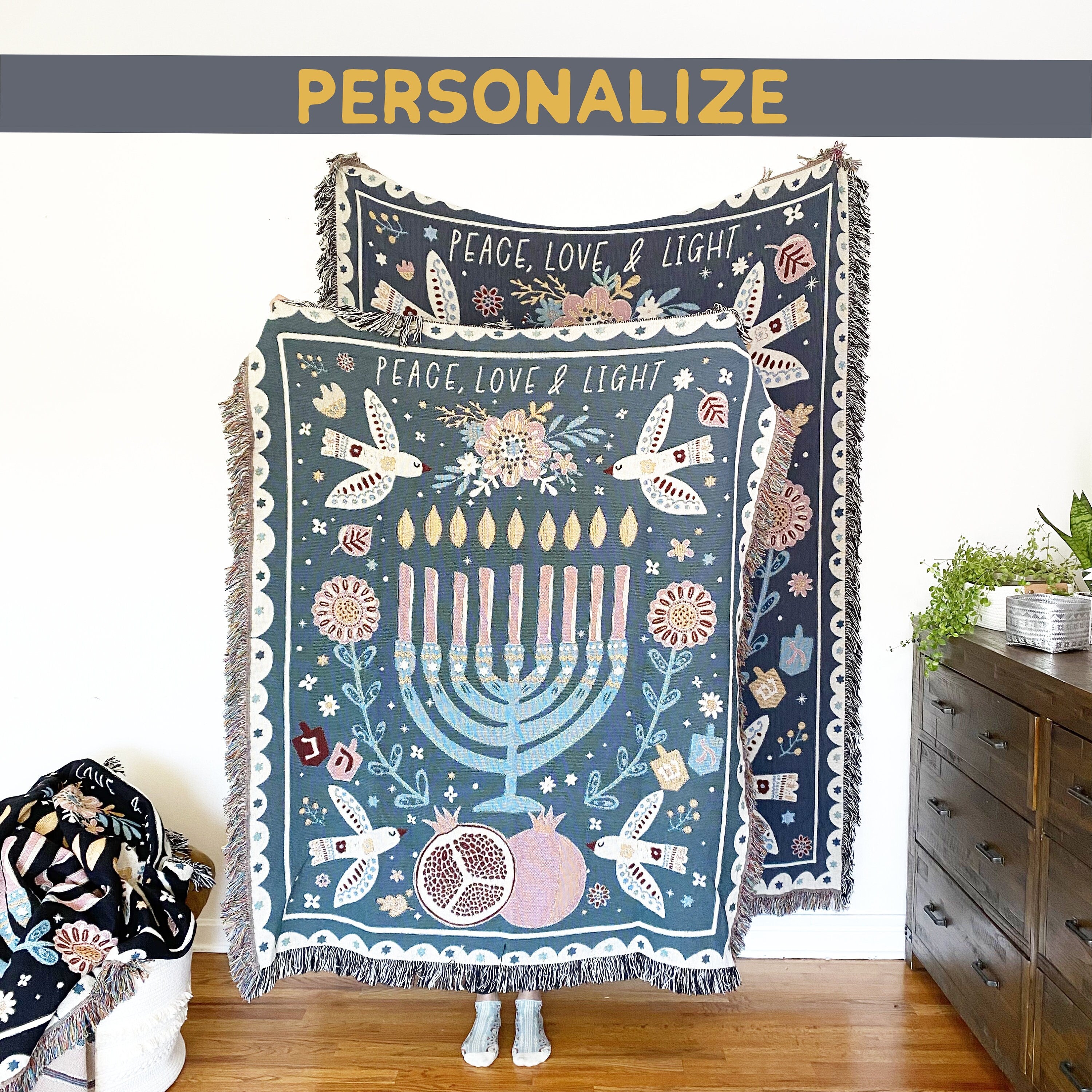 Personalized Menorah Woven Blanket, Judaica Home Blessing Gift,  Jewish Heritage & Solidarity, Personalized Hanukkah Gift, Pomegranate Decor