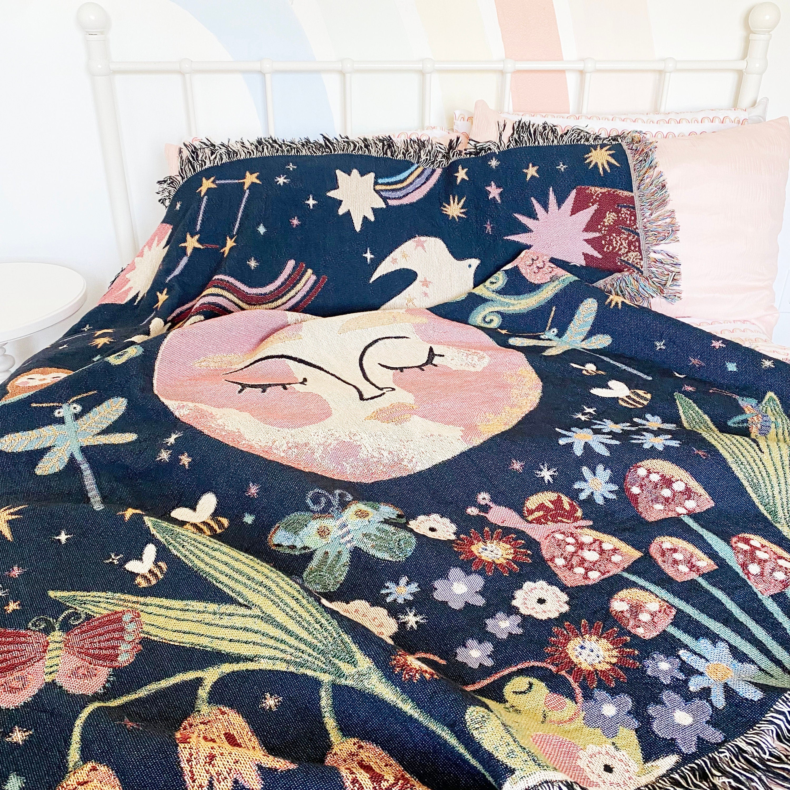 Whimsical Woven Blanket, Magical Forest Woven Tapestry, Decorative Throw, Garden Throw Blanket, Booknook Blanket, Moon Celestial Throw Couch