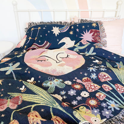 Whimsical Woven Blanket, Magical Forest Woven Tapestry, Decorative Throw, Garden Throw Blanket, Booknook Blanket, Moon Celestial Throw Couch