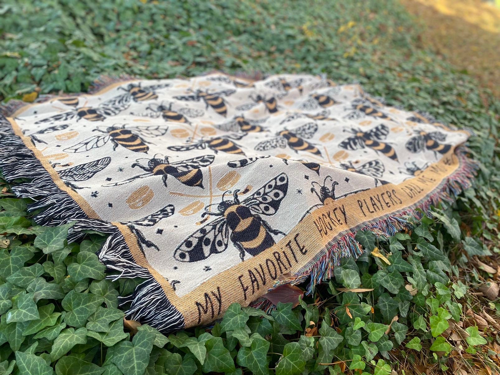 Woven Throw Blanket, Bees Hornets Tapestry. Hockey Personalized Gift. Eclectic Home Decor. Boho Home.