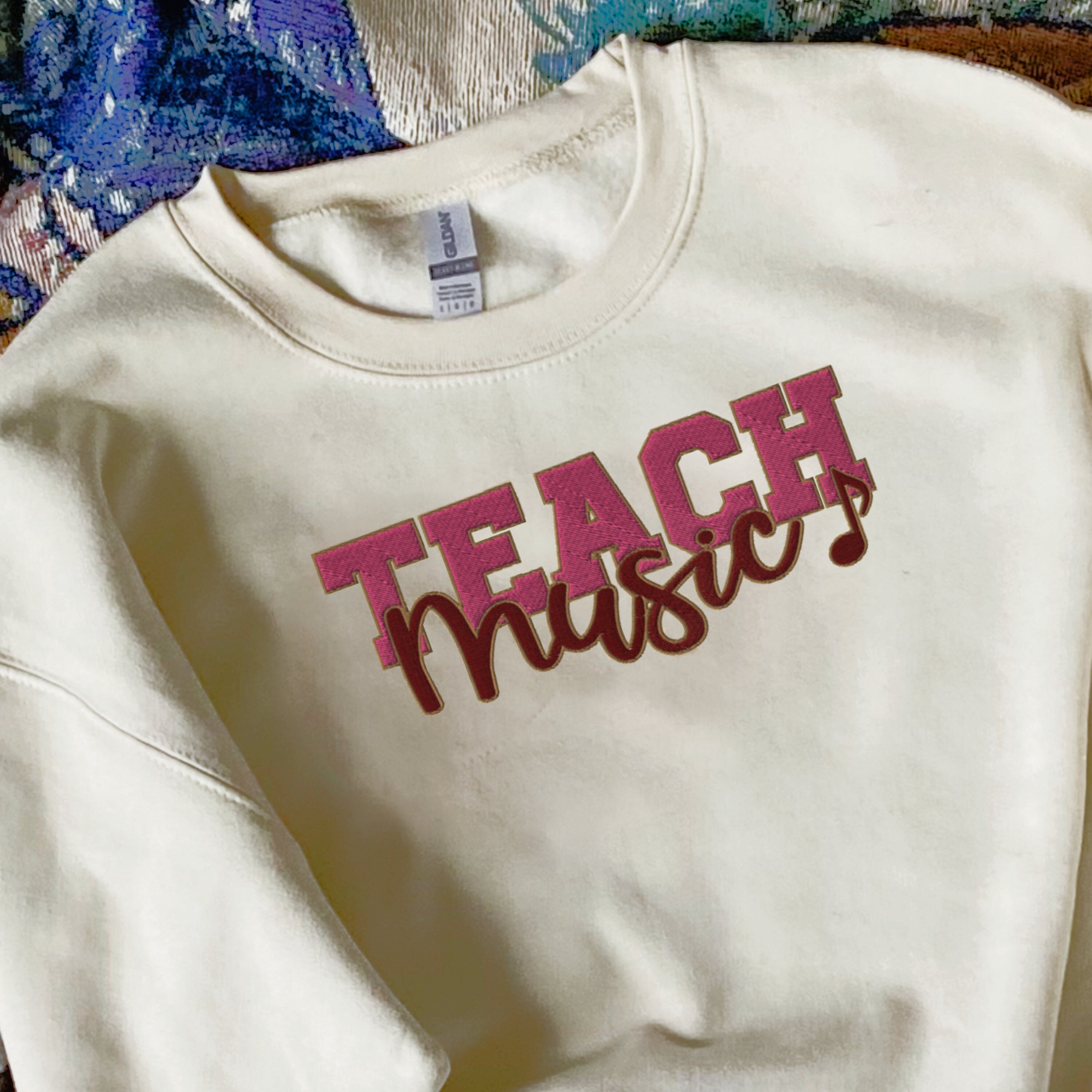 Embroidered Teach Music Sweatshirt, Music Teacher Gift, Teacher Appreciation Gift, Sand Color Sweatshirt, Gift For The Music Lover
