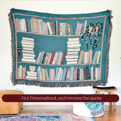 Book Lover Throw Blanket Bookish Woven Tapestry Personalized Gift For Readers Personalized Gift Bookshelf And Plants Decor