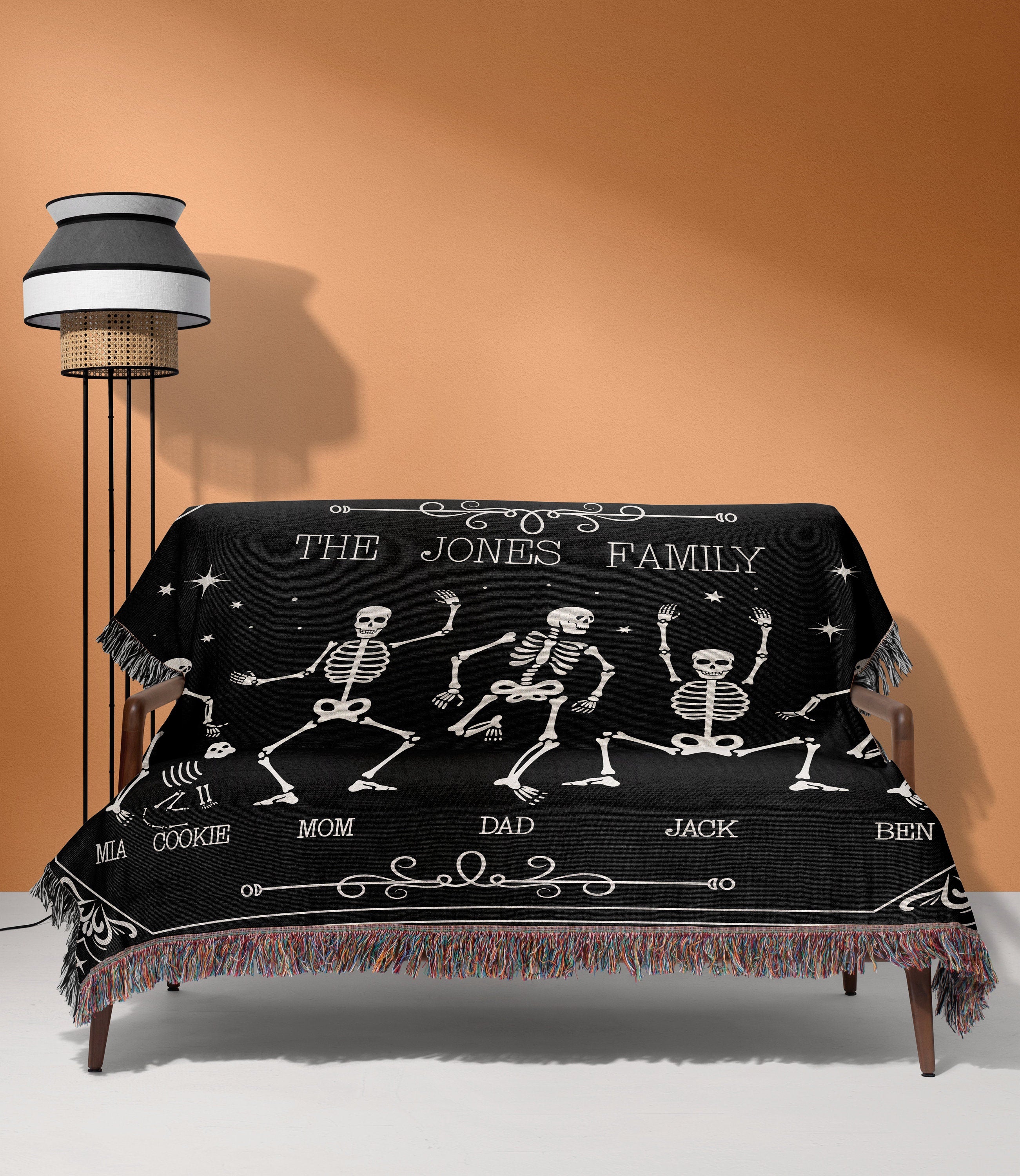 Eclectic Home Decor. Halloween Outdoor Decoration. Skeleton Throw Blanket Quirky Decor. Personalized Family Gift.  Funny Family Portrait