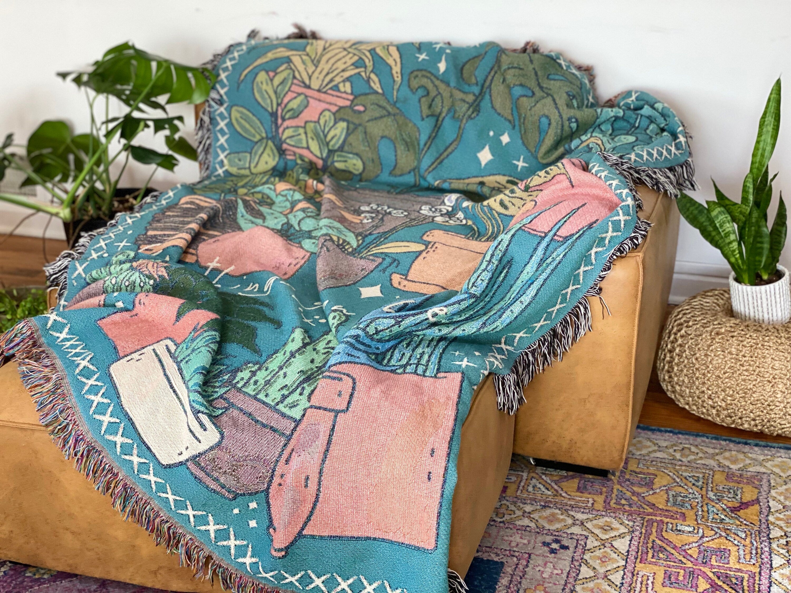Potted Plants Picnic Blanket, Custom Woven Tapestry, Personalized Gift For Gardener, Grandmas Garden Blanket, Botanical Aesthetic Decor