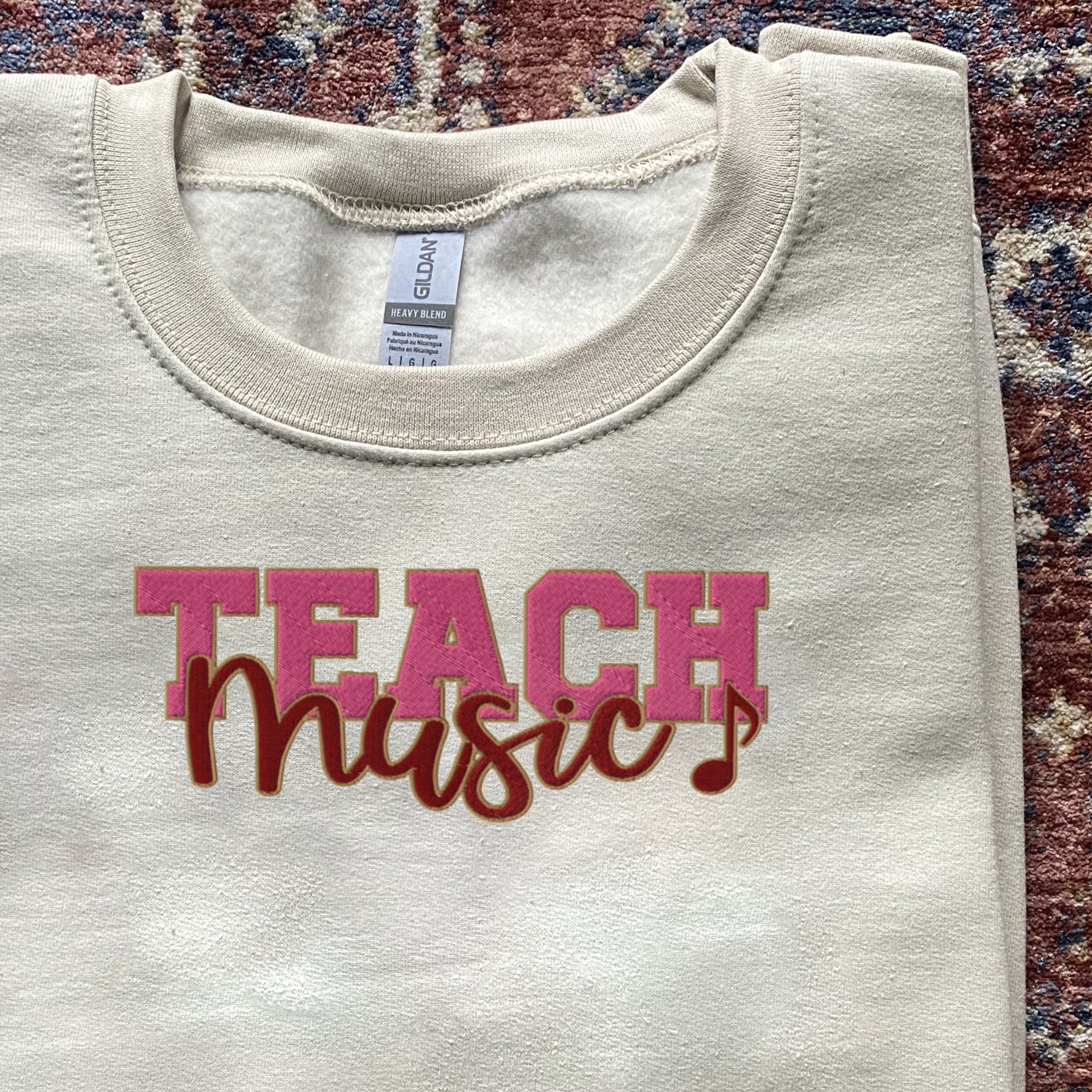 Embroidered Teach Music Sweatshirt, Music Teacher Gift, Teacher Appreciation Gift, Sand Color Sweatshirt, Gift For The Music Lover