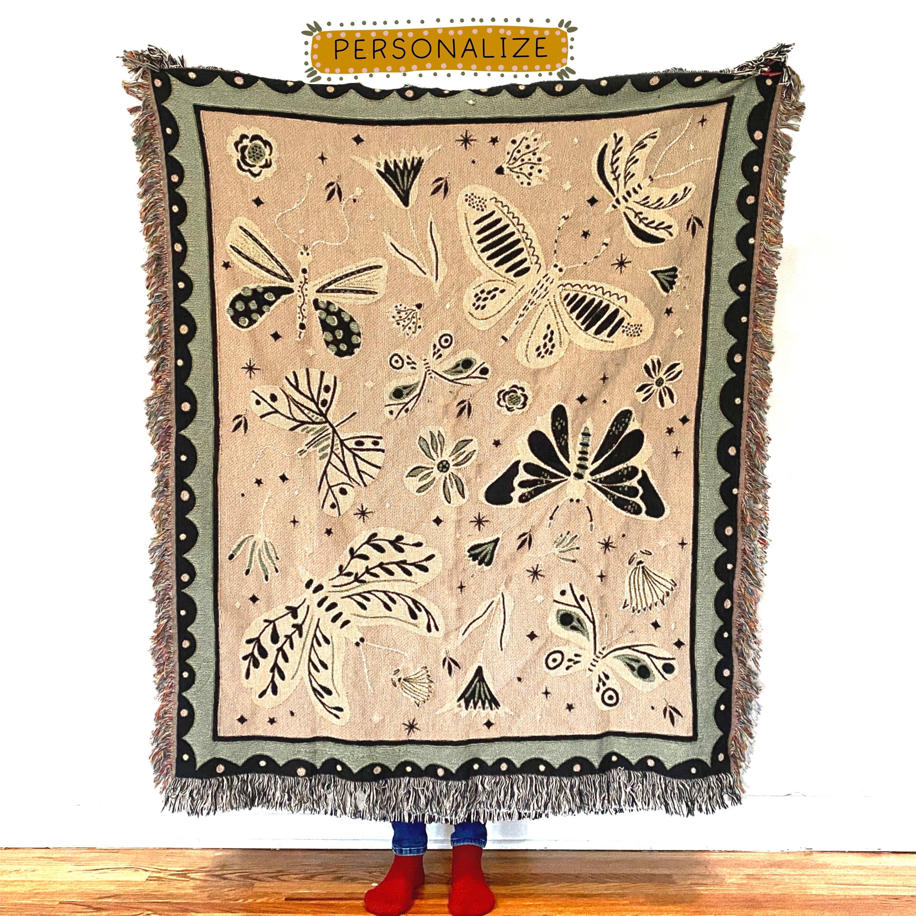 Woven Throw Blanket, Moths Tapestry, Butterfly Decor. Pink And Green Personalized Gift. Eclectic Home Decor. Boho Home