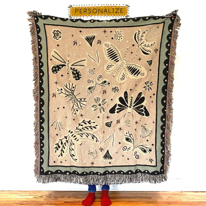 Woven Throw Blanket, Moths Tapestry, Butterfly Decor. Pink And Green Personalized Gift. Eclectic Home Decor. Boho Home