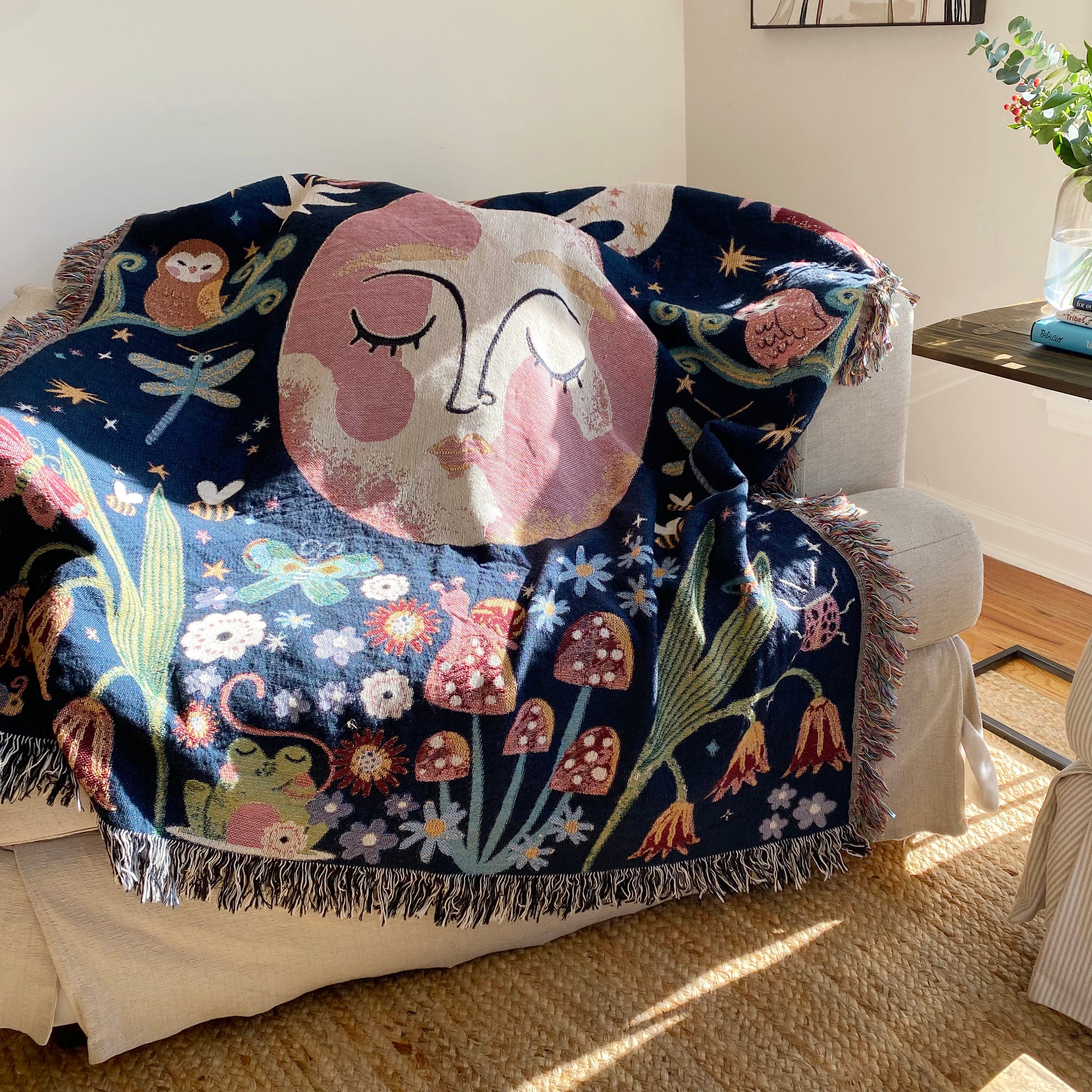 Whimsical Woven Blanket, Magical Forest Woven Tapestry, Decorative Throw, Garden Throw Blanket, Booknook Blanket, Moon Celestial Throw Couch