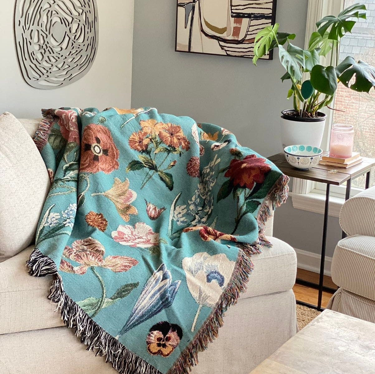 Picnic Blanket With Flowers Tapestry Personalized Wall Art Flowers Woven Throw Blanket Vintage Custom Engagement Gift