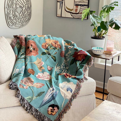 Picnic Blanket With Flowers Tapestry Personalized Wall Art Flowers Woven Throw Blanket Vintage Custom Engagement Gift