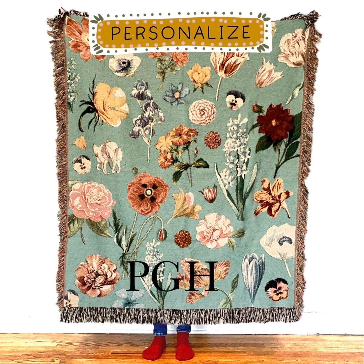 Picnic Blanket With Flowers Tapestry Personalized Wall Art Flowers Woven Throw Blanket Vintage Custom Engagement Gift