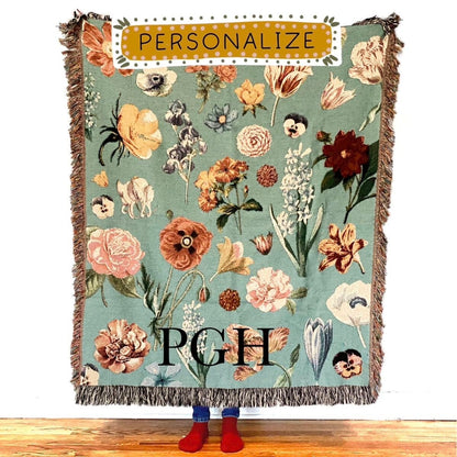 Picnic Blanket With Flowers Tapestry Personalized Wall Art Flowers Woven Throw Blanket Vintage Custom Engagement Gift