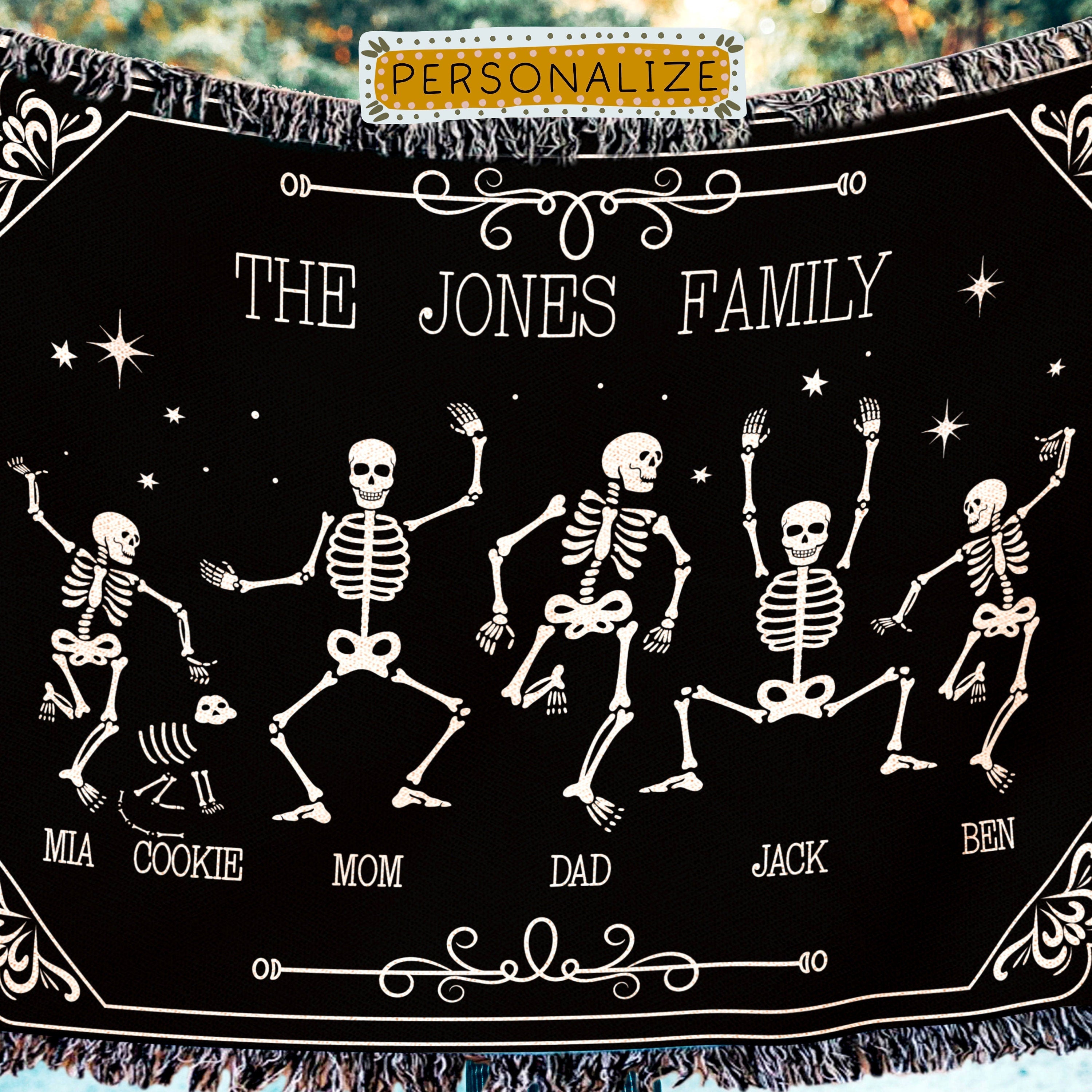 Eclectic Home Decor. Halloween Outdoor Decoration. Skeleton Throw Blanket Quirky Decor. Personalized Family Gift.  Funny Family Portrait