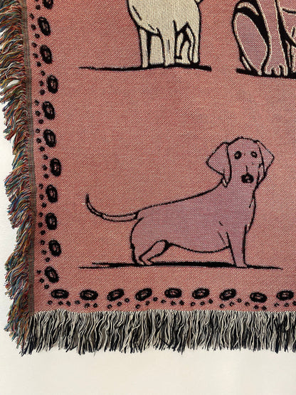 Pink Dog Throw Blanket: Woven Cotton Throw, Cute Gift For Dog Or Pet Lovers, Puppy Decor