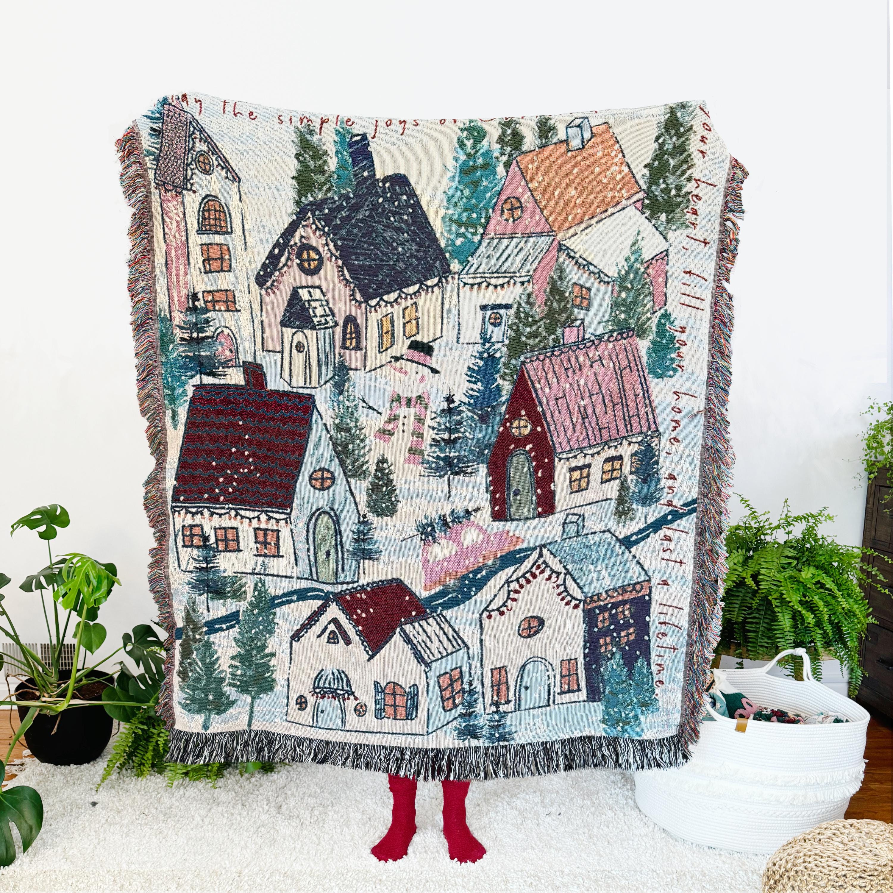 Personalized Family Holiday Decor. Winter Village Woven Throw Blanket. Personalized Christmas Gift. Christmas Tree Decor.