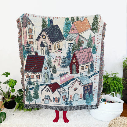 Personalized Family Holiday Decor. Winter Village Woven Throw Blanket. Personalized Christmas Gift. Christmas Tree Decor.