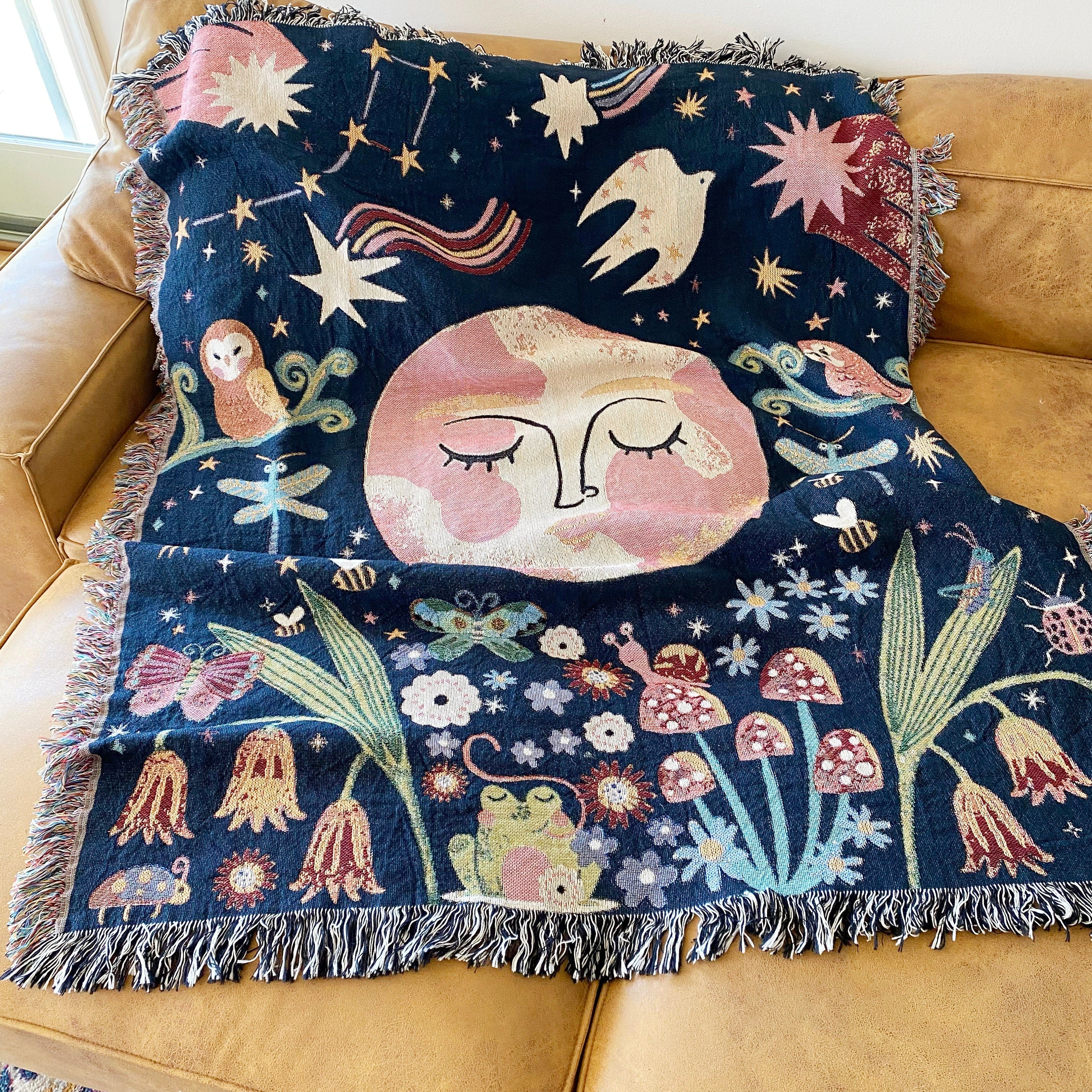 Whimsical Woven Blanket, Magical Forest Woven Tapestry, Decorative Throw, Garden Throw Blanket, Booknook Blanket, Moon Celestial Throw Couch