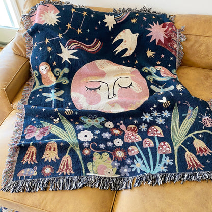 Whimsical Woven Blanket, Magical Forest Woven Tapestry, Decorative Throw, Garden Throw Blanket, Booknook Blanket, Moon Celestial Throw Couch