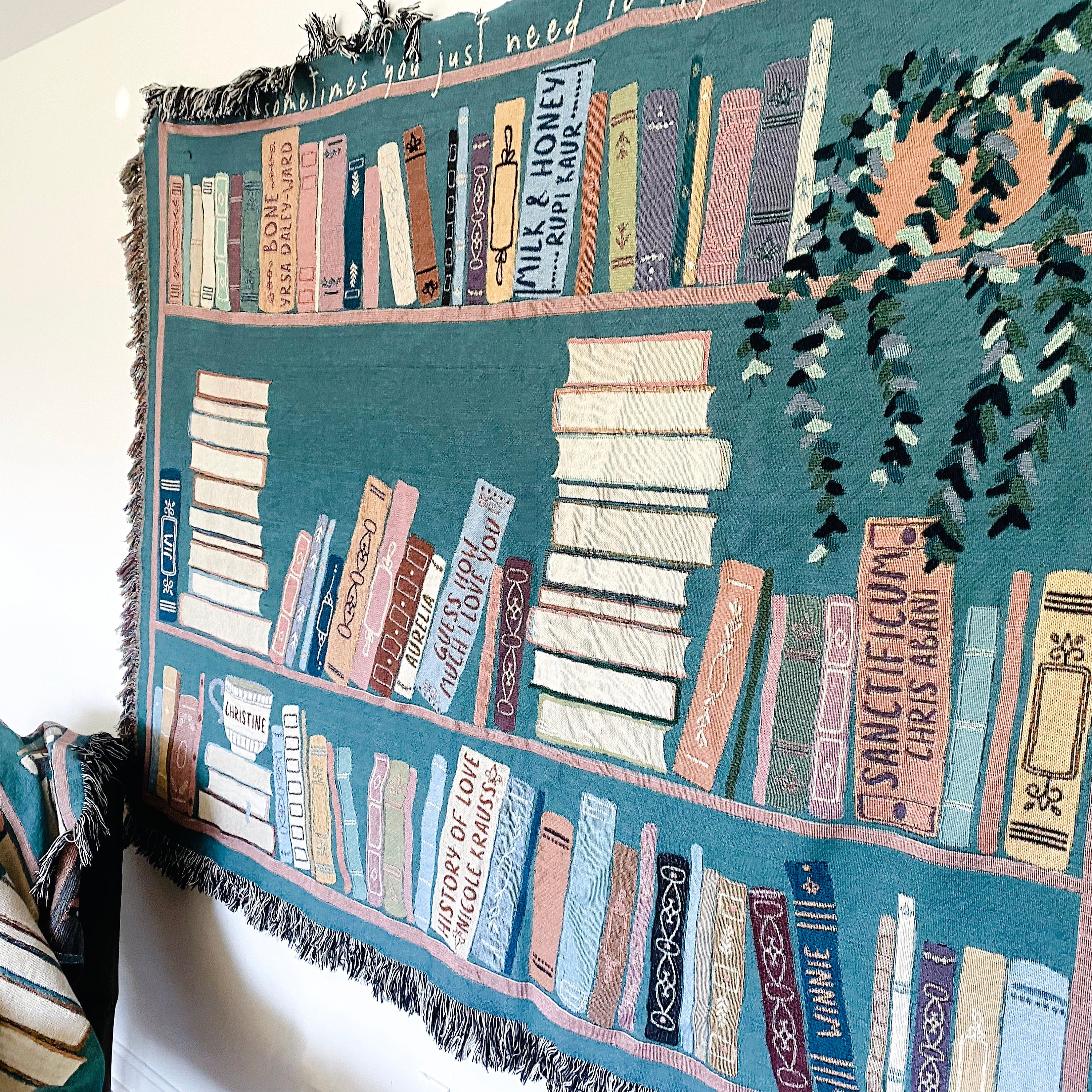 Book Lover Throw Blanket Bookish Woven Tapestry Personalized Gift For Readers Personalized Gift Bookshelf And Plants Decor