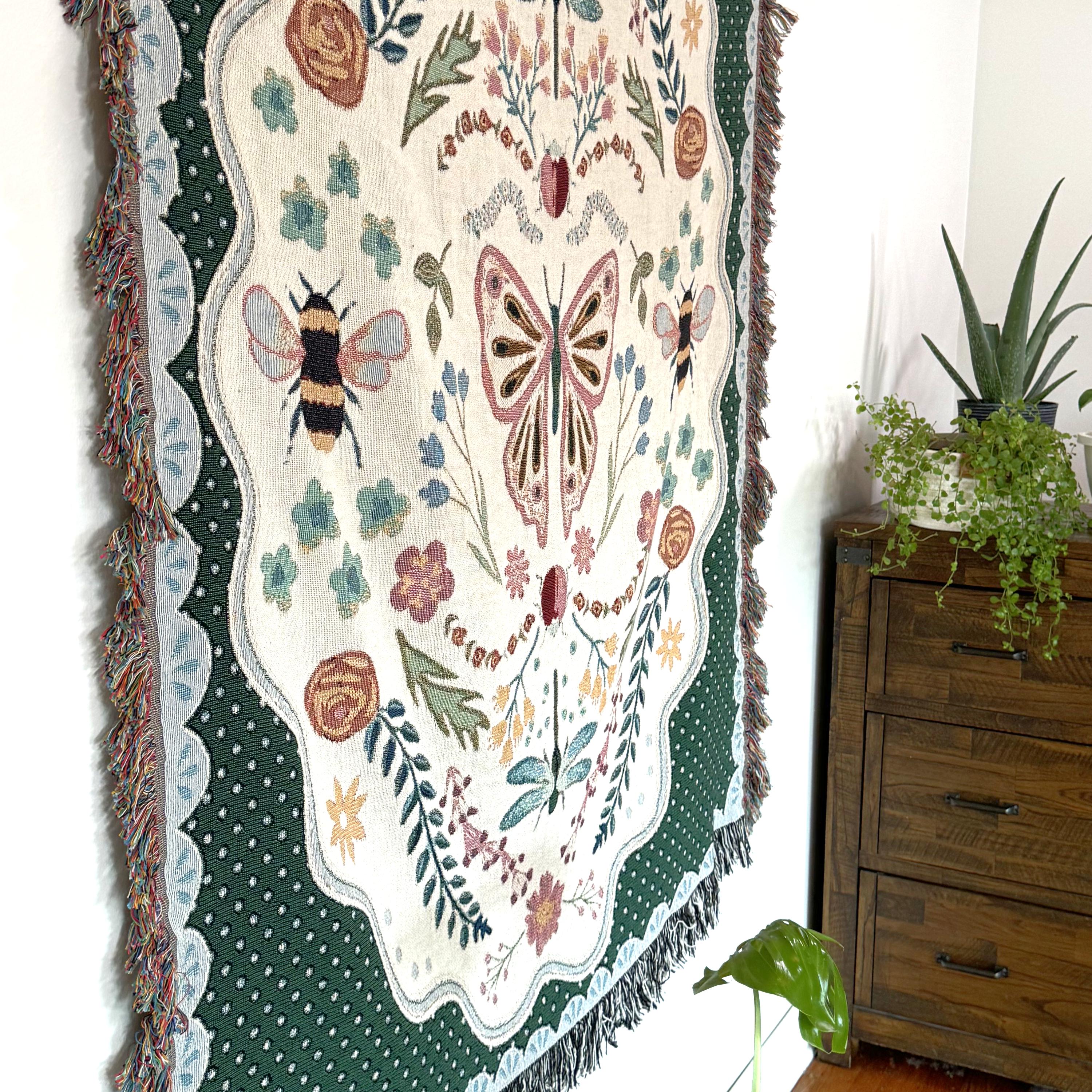 Coquette Woven Cotton Blanket: Cottagecore Aesthetic Wall Hanging Tapestry, College Apartment Aesthetic, Maximalist Decor Whimsical Room