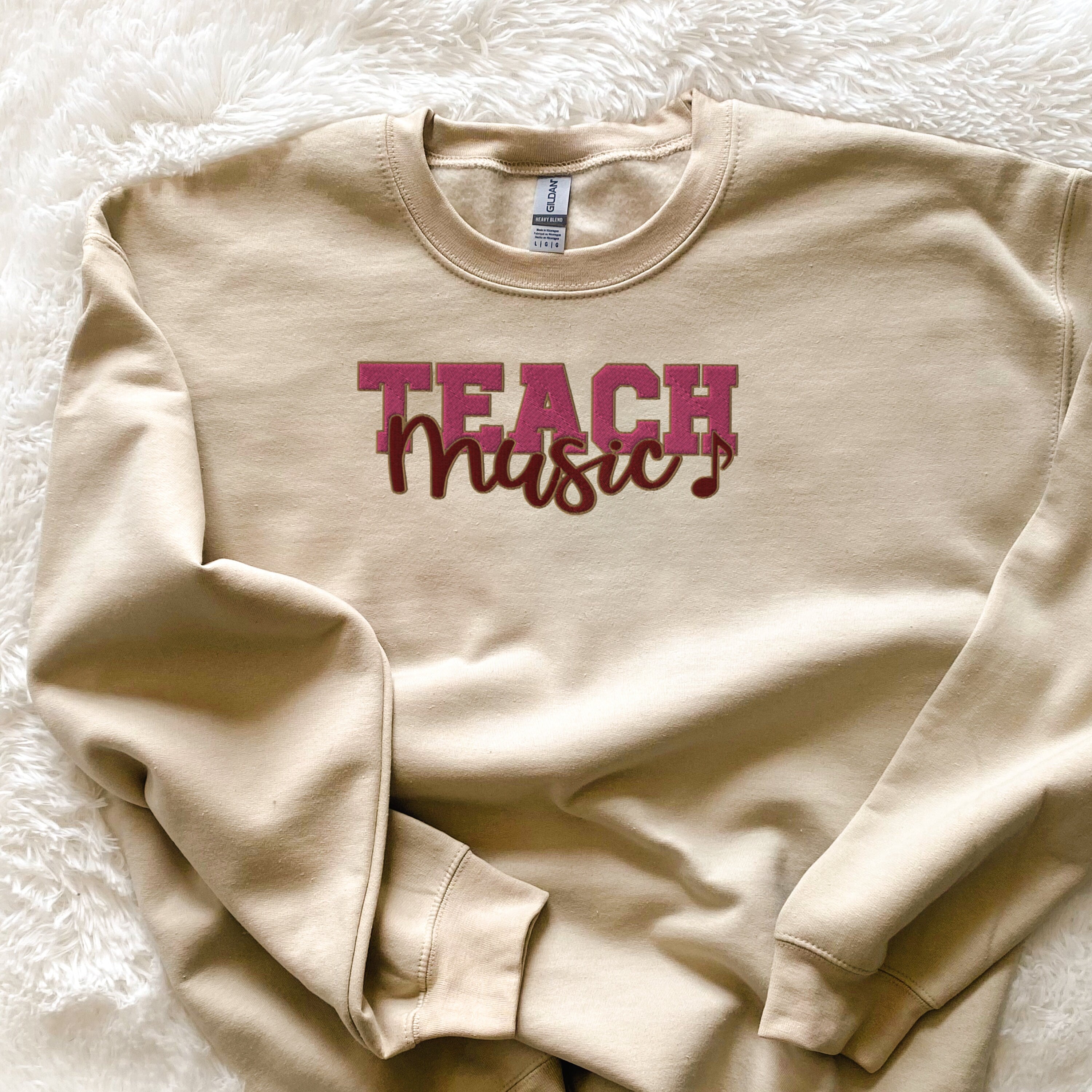 Embroidered Teach Music Sweatshirt, Music Teacher Gift, Teacher Appreciation Gift, Sand Color Sweatshirt, Gift For The Music Lover