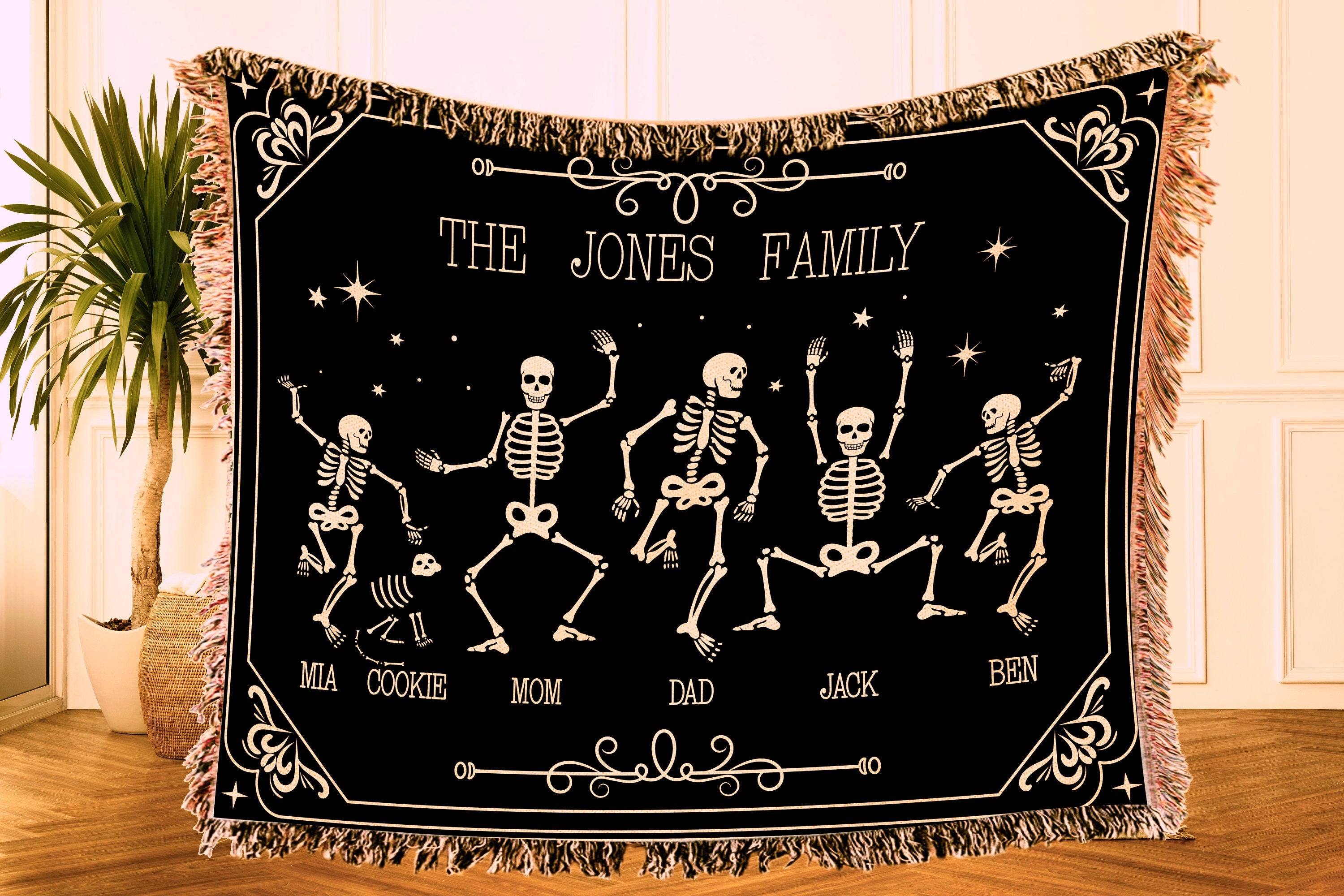 Eclectic Home Decor. Halloween Outdoor Decoration. Skeleton Throw Blanket Quirky Decor. Personalized Family Gift.  Funny Family Portrait