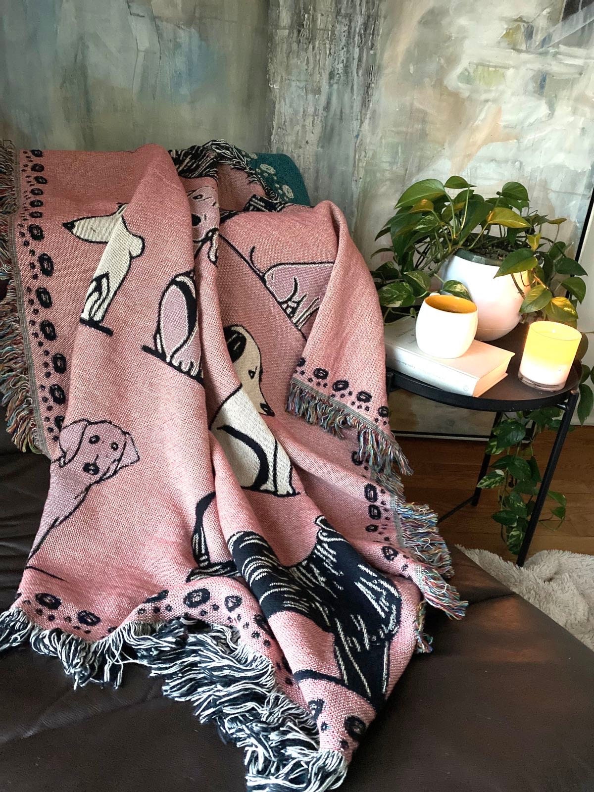 Pink Dog Throw Blanket: Woven Cotton Throw, Cute Gift For Dog Or Pet Lovers, Puppy Decor