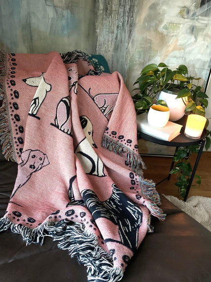Pink Dog Throw Blanket: Woven Cotton Throw, Cute Gift For Dog Or Pet Lovers, Puppy Decor