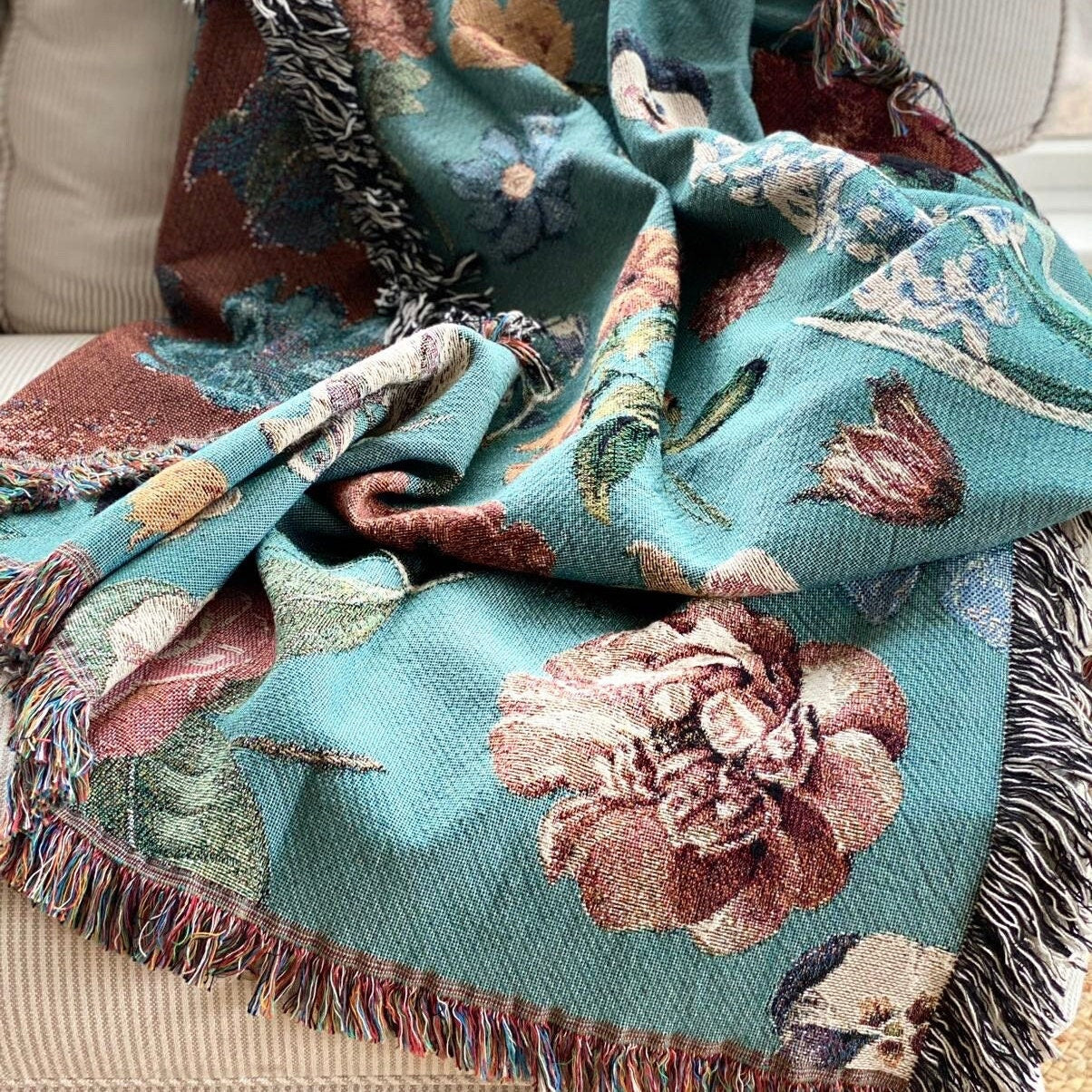 Vintage Floral Woven Blanket, Botanical Throw, Luxury Gift for Mom, Fringe Blanket, Cottagecore Home Decor, Mother's Day Gift, Hygge Blanket