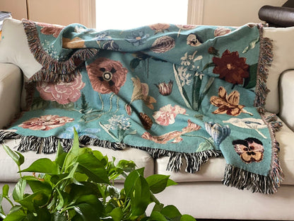 Picnic Blanket With Flowers Tapestry Personalized Wall Art Flowers Woven Throw Blanket Vintage Custom Engagement Gift