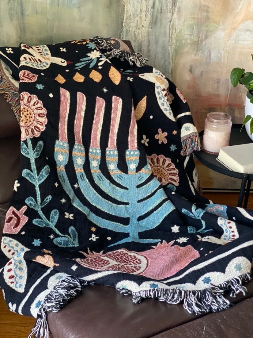 Personalized Hanukkah Gift, Jewish Home Blessing Gift, Modern Jewish Art Throw Blanket, Jewish Eclectic Home Decor