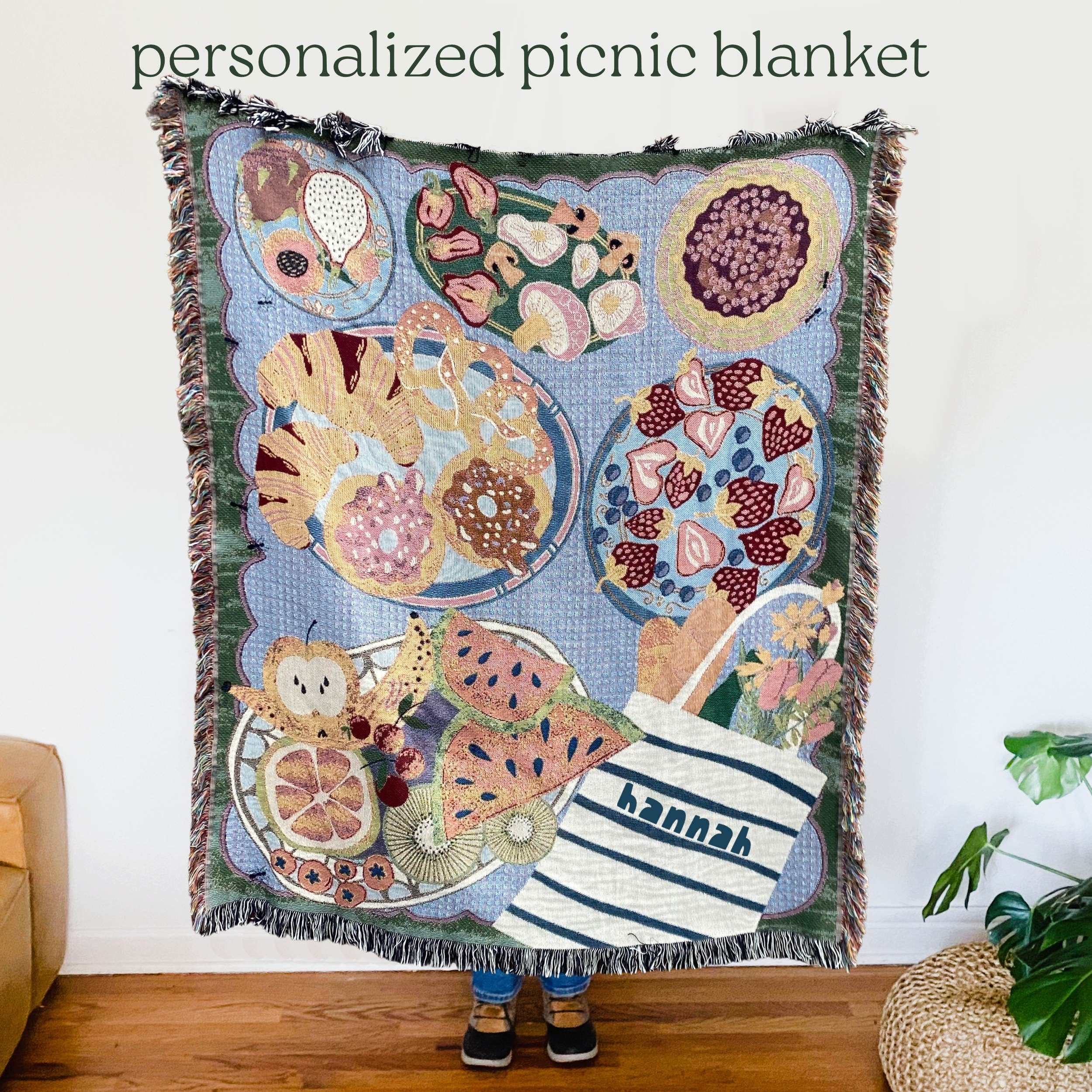 Personalized Picnic Blanket, Woven Beach Blanket, Lavender Aesthetic Decor, Granola Girl Aesthetic Tapestry, Mushroom Blanket, Family Gift
