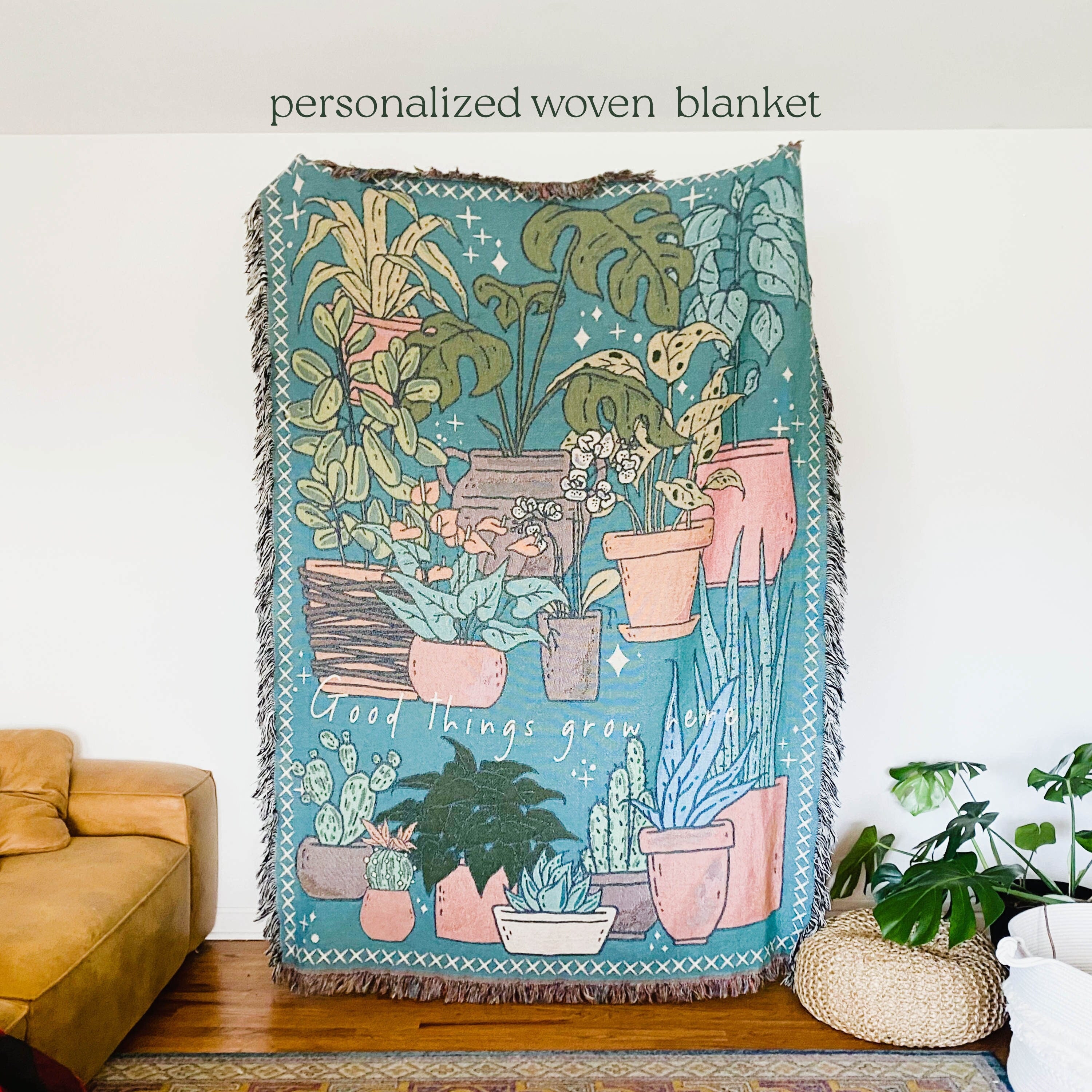 Potted Plants Picnic Blanket, Custom Woven Tapestry, Personalized Gift For Gardener, Grandmas Garden Blanket, Botanical Aesthetic Decor
