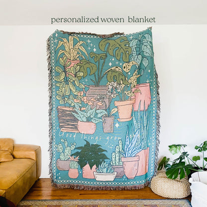 Potted Plants Picnic Blanket, Custom Woven Tapestry, Personalized Gift For Gardener, Grandmas Garden Blanket, Botanical Aesthetic Decor