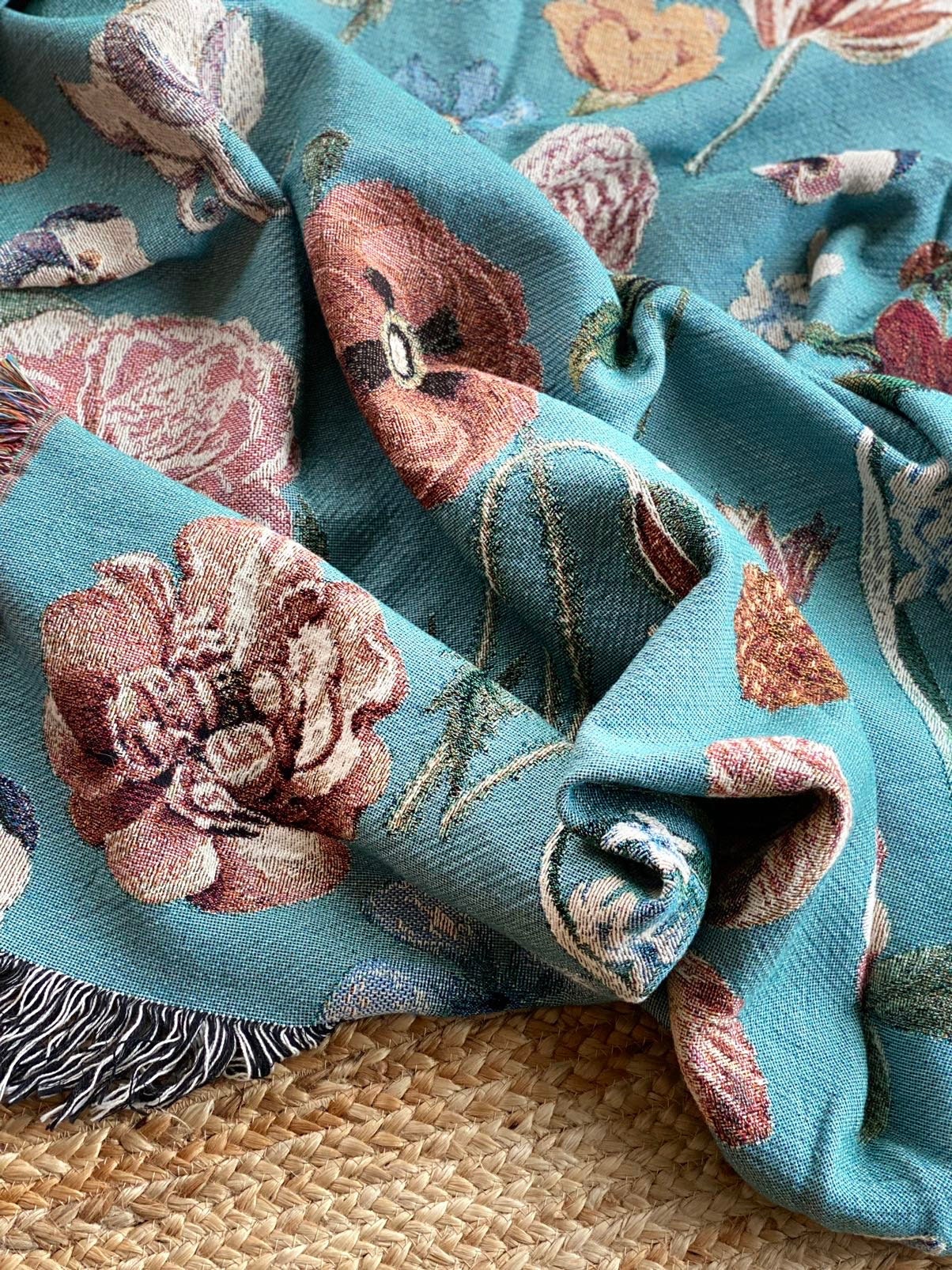 Picnic Blanket With Flowers Tapestry Personalized Wall Art Flowers Woven Throw Blanket Vintage Custom Engagement Gift