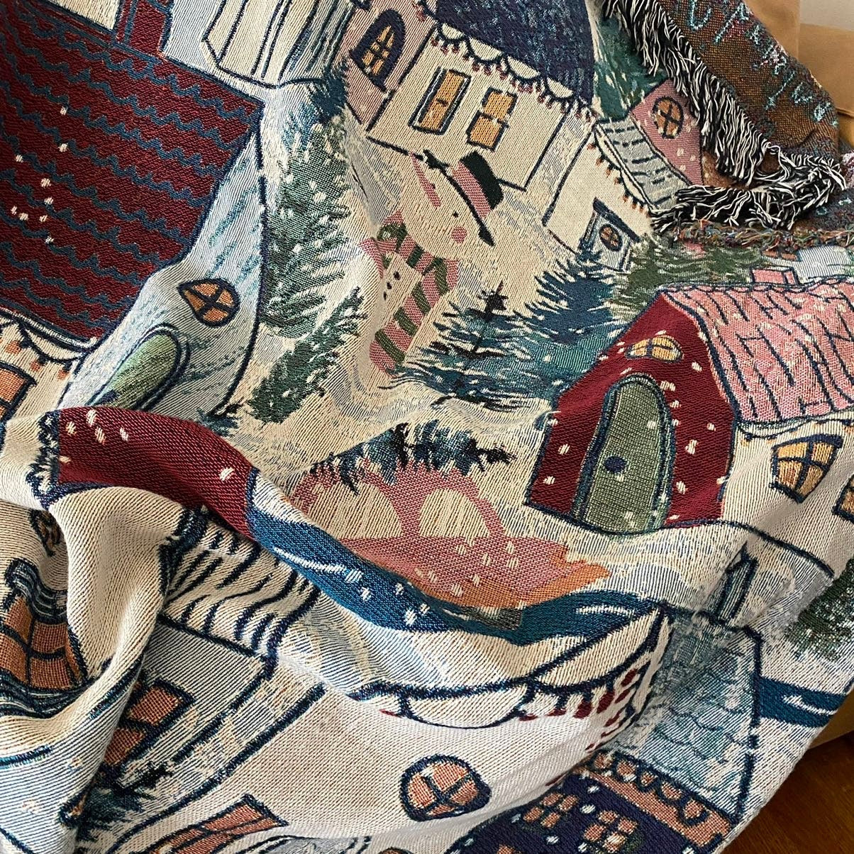 Personalized Family Holiday Decor. Winter Village Woven Throw Blanket. Personalized Christmas Gift. Christmas Tree Decor.