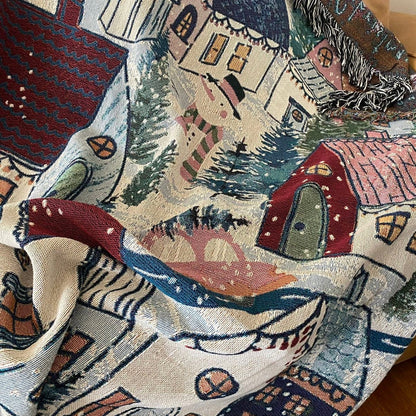 Personalized Family Holiday Decor. Winter Village Woven Throw Blanket. Personalized Christmas Gift. Christmas Tree Decor.