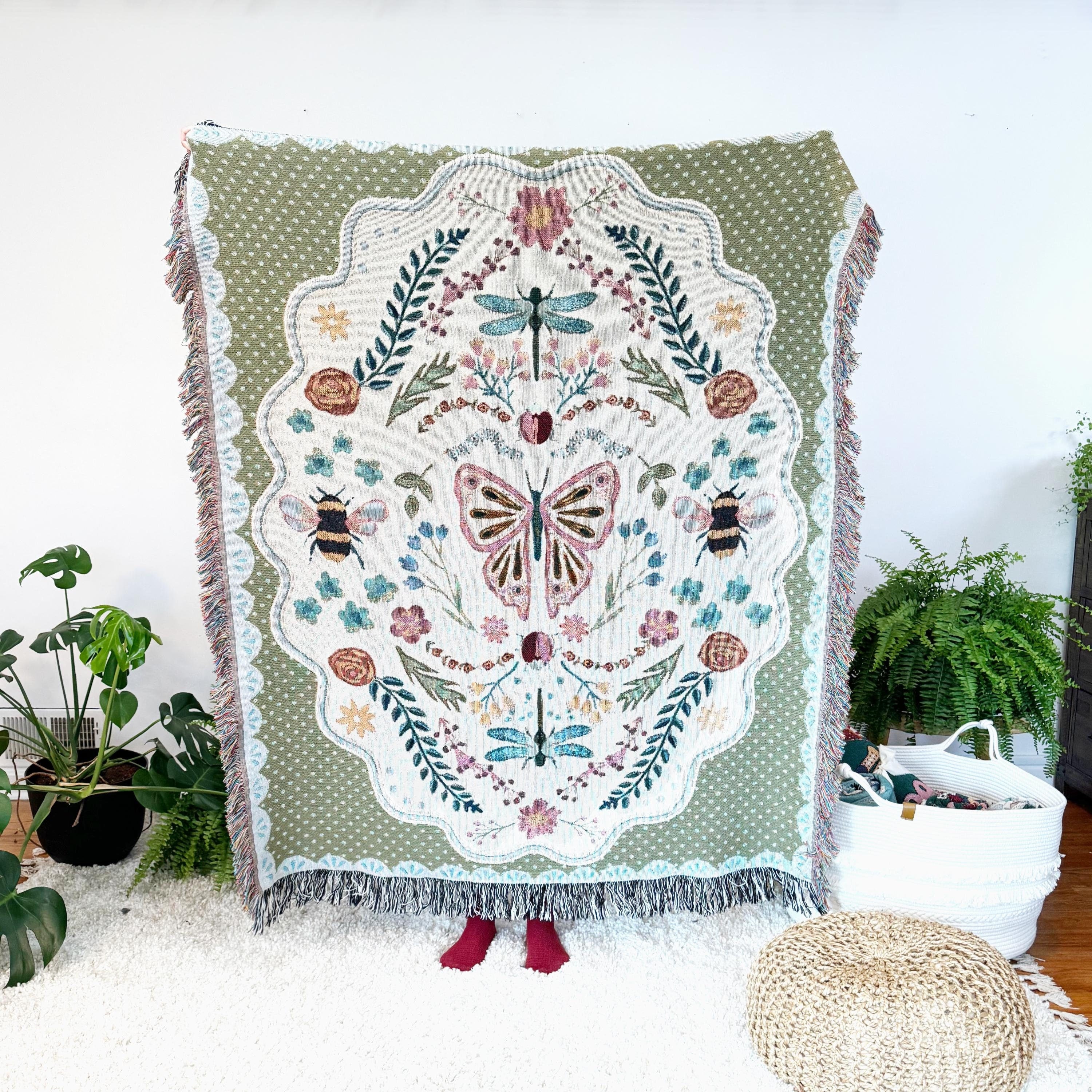 Coquette Woven Cotton Blanket: Cottagecore Aesthetic Wall Hanging Tapestry, College Apartment Aesthetic, Maximalist Decor Whimsical Room