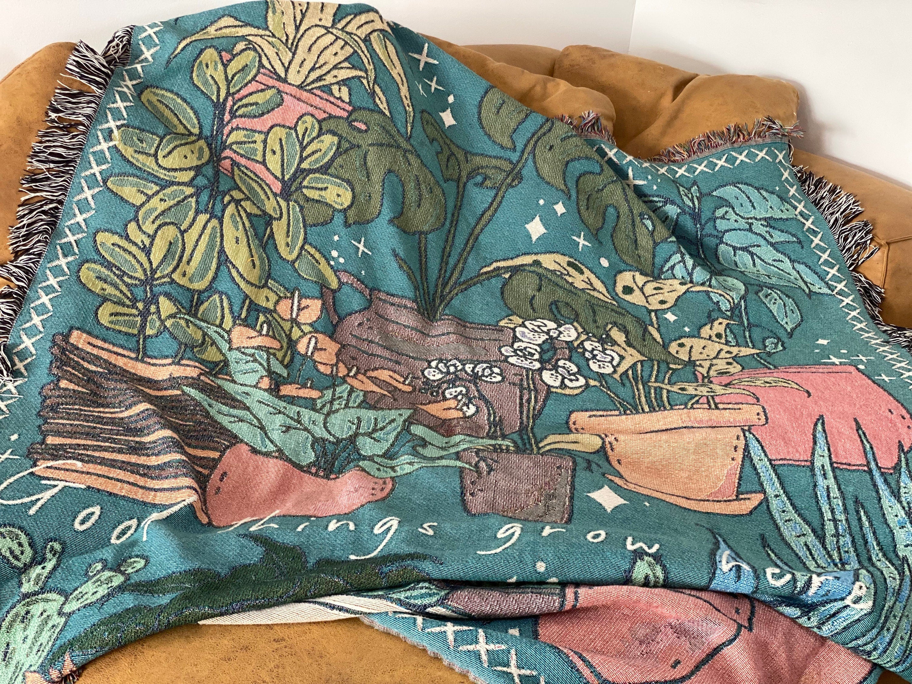 Potted Plants Picnic Blanket, Custom Woven Tapestry, Personalized Gift For Gardener, Grandmas Garden Blanket, Botanical Aesthetic Decor