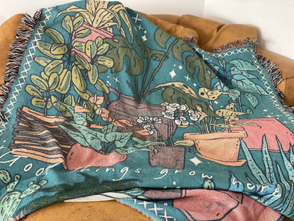 Potted Plants Picnic Blanket, Custom Woven Tapestry, Personalized Gift For Gardener, Grandmas Garden Blanket, Botanical Aesthetic Decor
