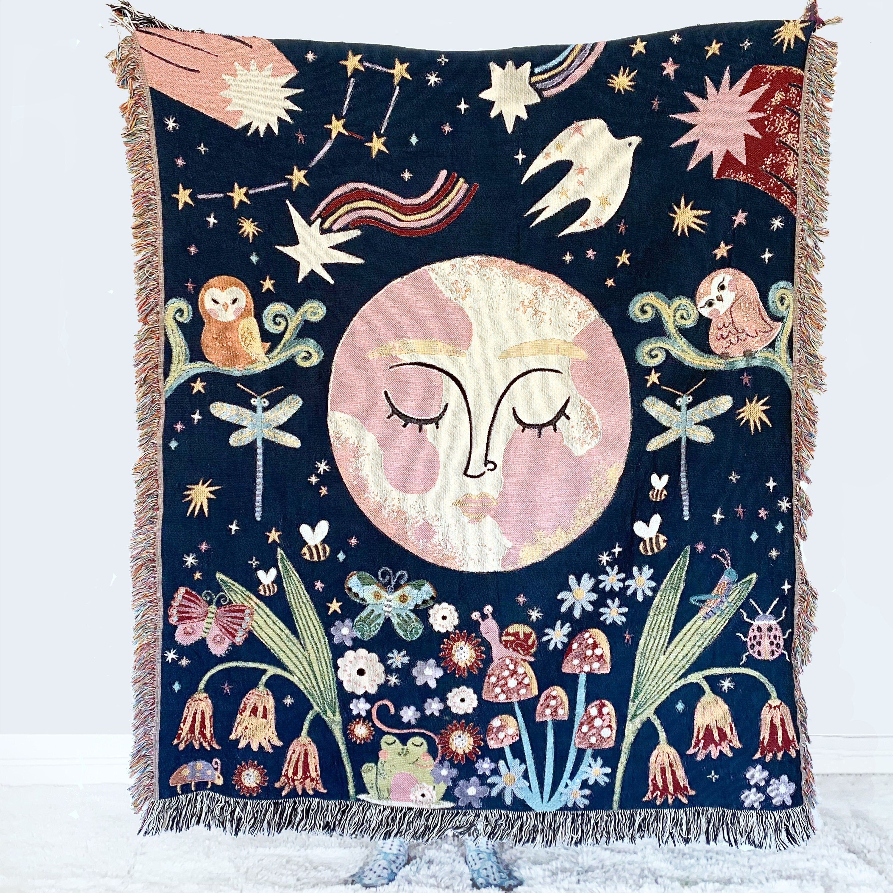 Whimsical Woven Blanket, Magical Forest Woven Tapestry, Decorative Throw, Garden Throw Blanket, Booknook Blanket, Moon Celestial Throw Couch