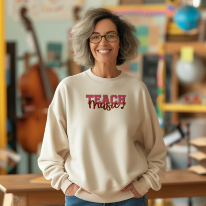 Embroidered Teach Music Sweatshirt, Music Teacher Gift, Teacher Appreciation Gift, Sand Color Sweatshirt, Gift For The Music Lover