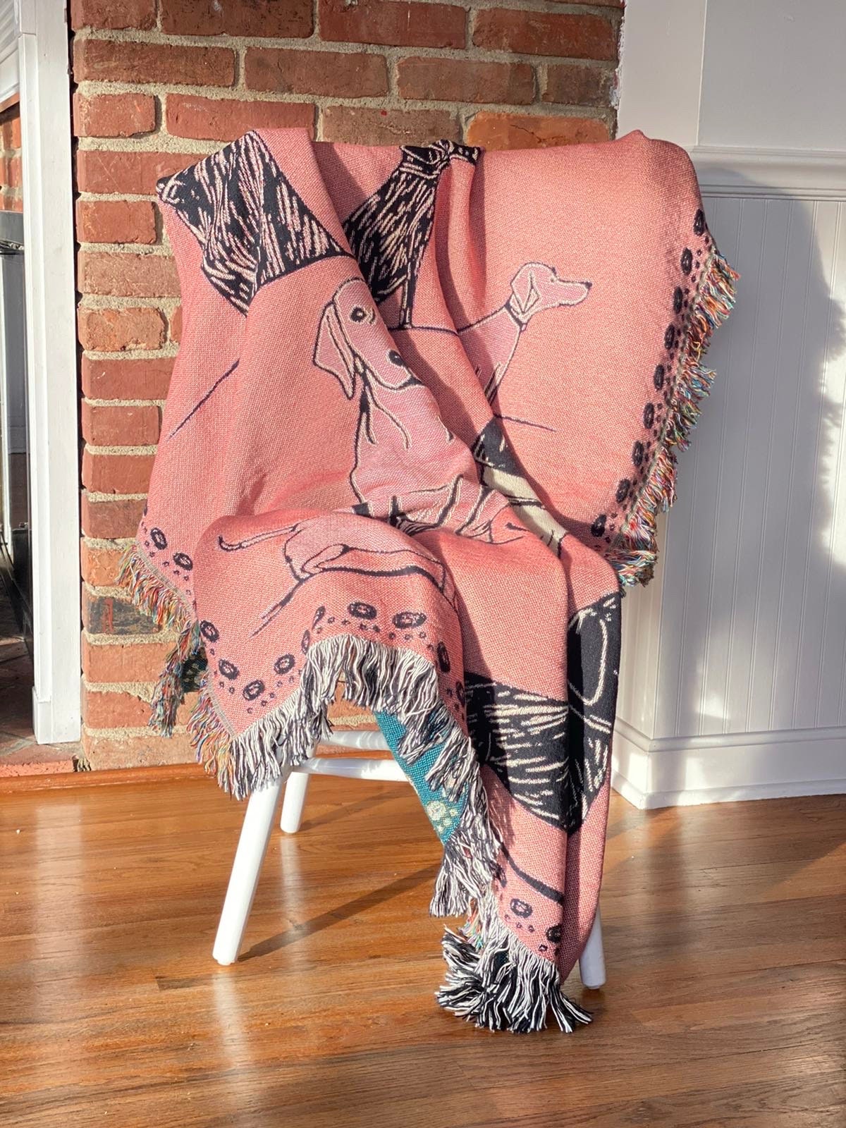 Pink Dog Throw Blanket: Woven Cotton Throw, Cute Gift For Dog Or Pet Lovers, Puppy Decor