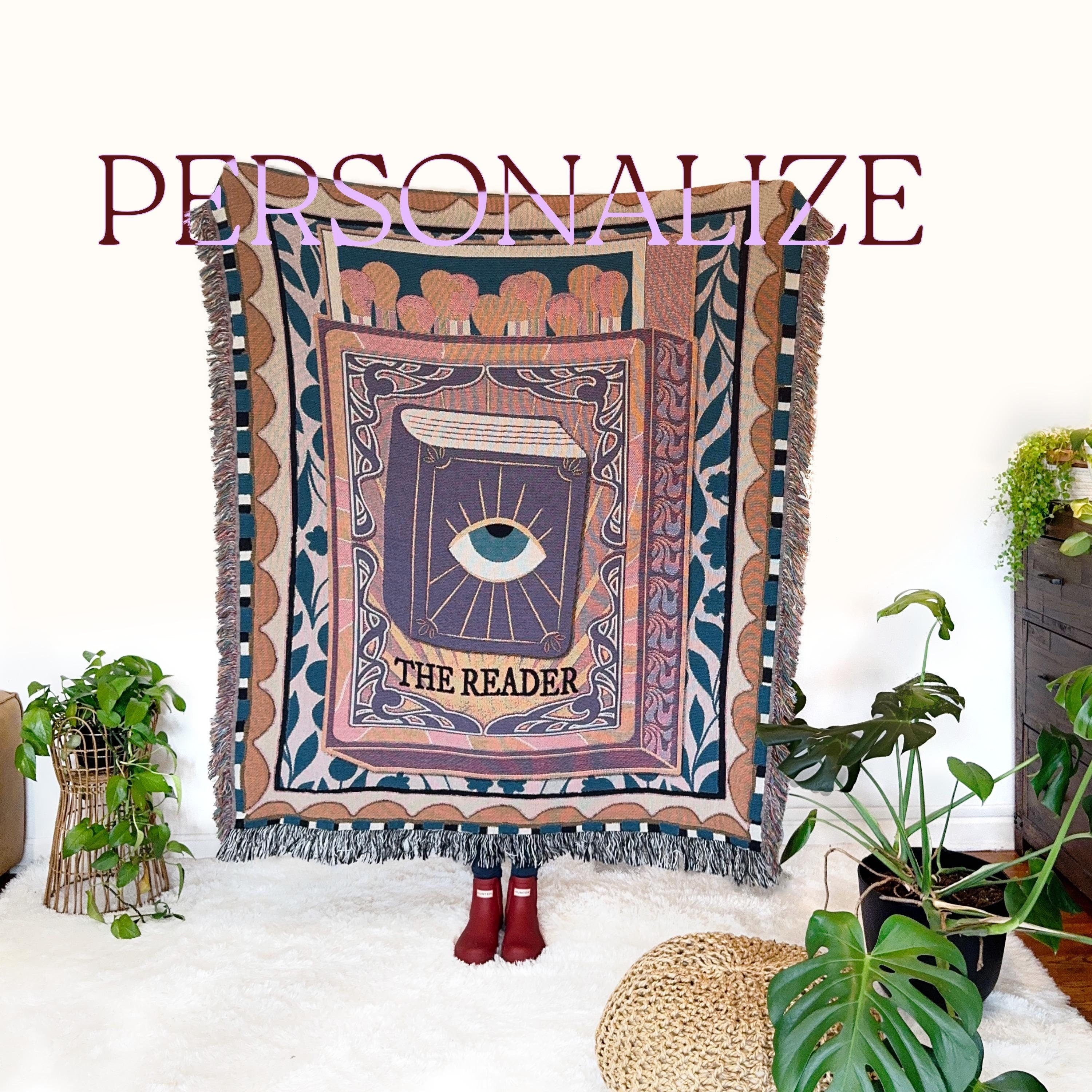 Personalized Gift For Reader, Tarot Card Reader Woven Throw Blanket, Book Nook, Custom Tapestry For Readers, Gift For Graduate, Maximalist