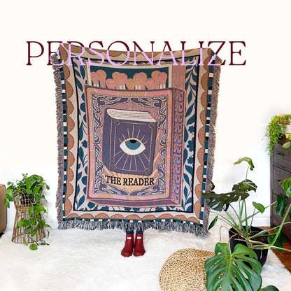 Personalized Gift For Reader, Tarot Card Reader Woven Throw Blanket, Book Nook, Custom Tapestry For Readers, Gift For Graduate, Maximalist